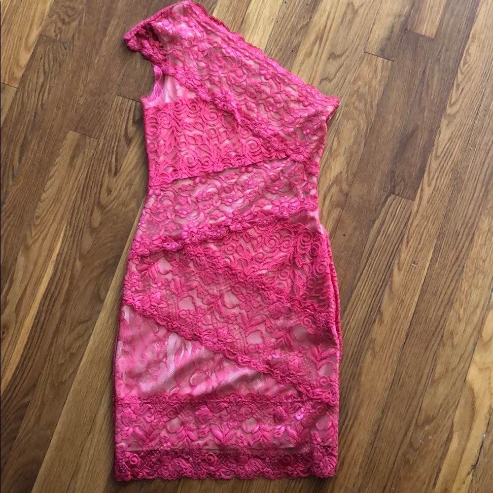 Bebe Fuschia Mixed Lace One Shoulder dress